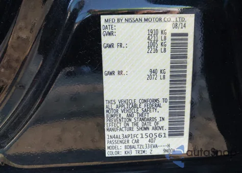 2015 Nissan Altima 2.5 Sl z USA, uszkodzony, nr VIN 1N4AL3AP1FC150561